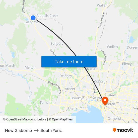 New Gisborne to South Yarra map