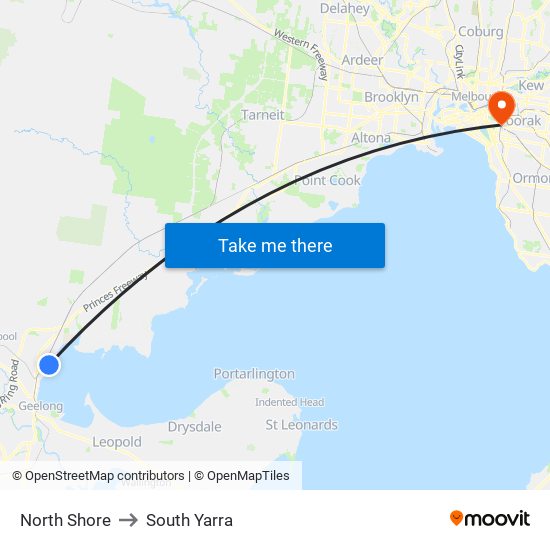 North Shore to South Yarra map