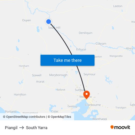 Piangil to South Yarra map