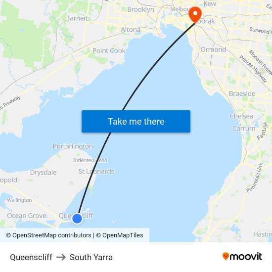 Queenscliff to South Yarra map