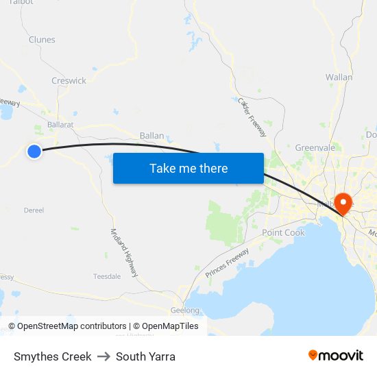 Smythes Creek to South Yarra map