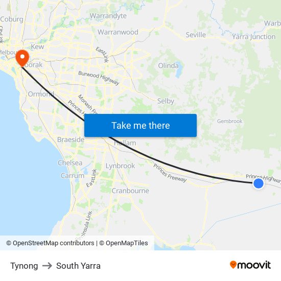 Tynong to South Yarra map