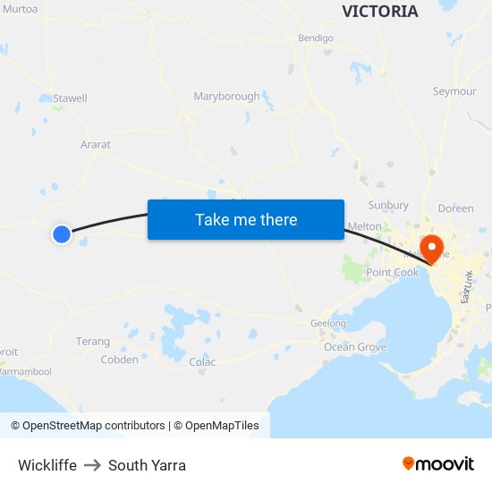 Wickliffe to South Yarra map