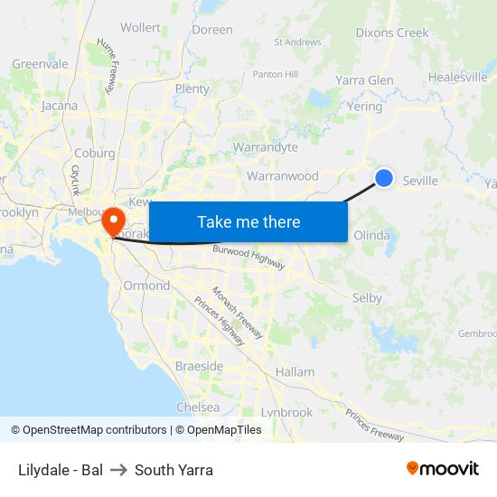 Lilydale - Bal to South Yarra map