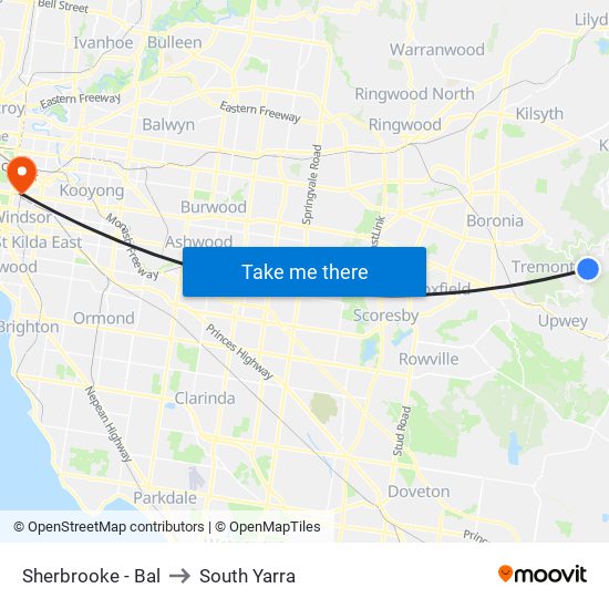 Sherbrooke - Bal to South Yarra map