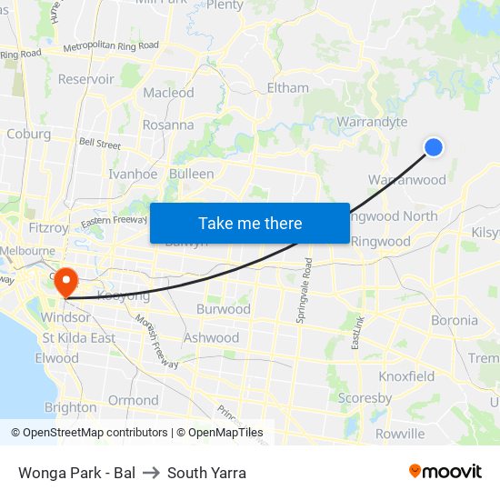 Wonga Park - Bal to South Yarra map