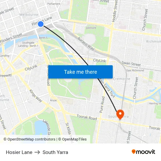 Hosier Lane to South Yarra map