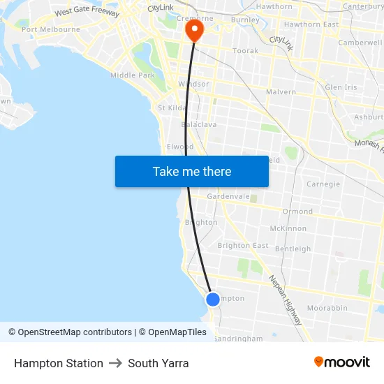 Hampton Station to South Yarra map