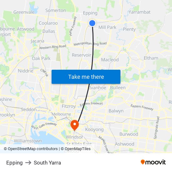 Epping to South Yarra map