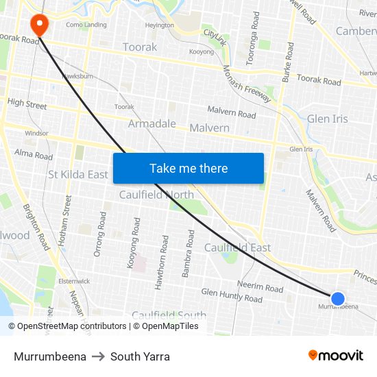 Murrumbeena to South Yarra map