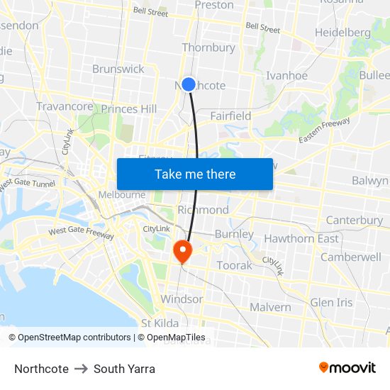 Northcote to South Yarra map