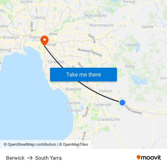 Berwick to South Yarra map