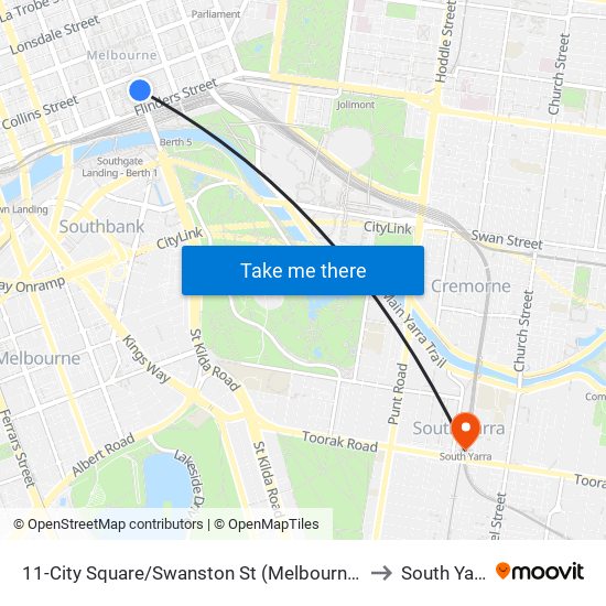 11-City Square/Swanston St (Melbourne City) to South Yarra map