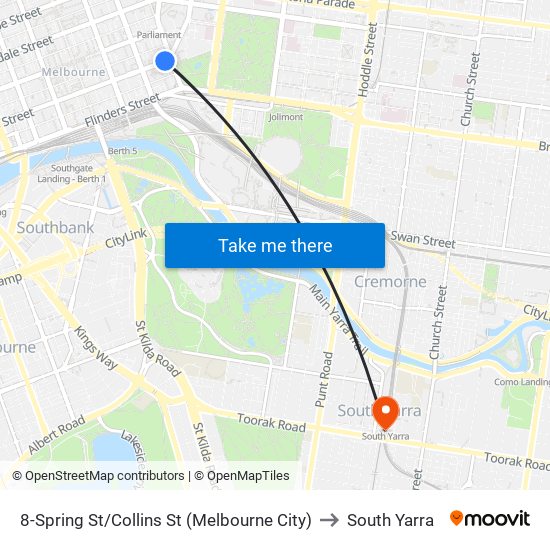 8-Spring St/Collins St (Melbourne City) to South Yarra map