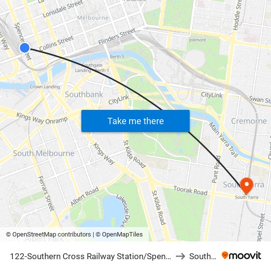 122-Southern Cross Railway Station/Spencer St (Melbourne City) to South Yarra map