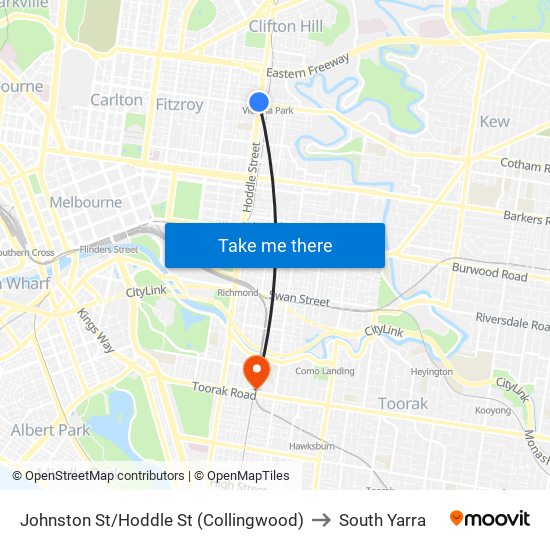 Johnston St/Hoddle St (Collingwood) to South Yarra map