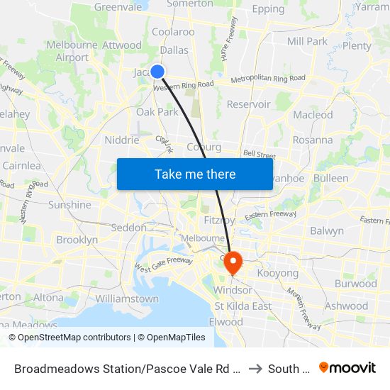 Broadmeadows Station/Pascoe Vale Rd (Broadmeadows) to South Yarra map