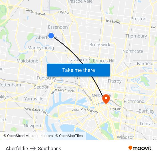 Aberfeldie to Southbank map