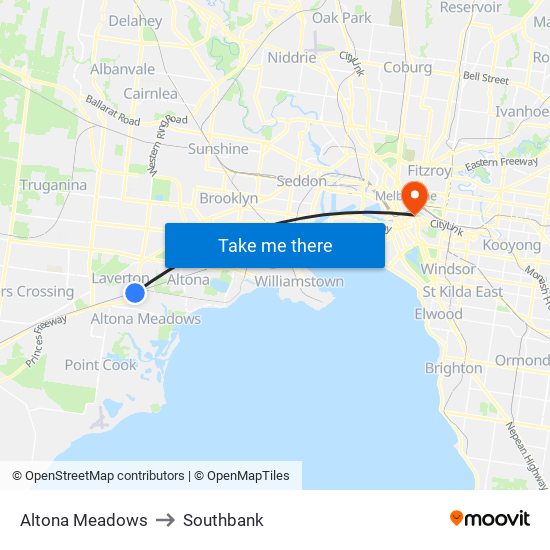 Altona Meadows to Southbank map