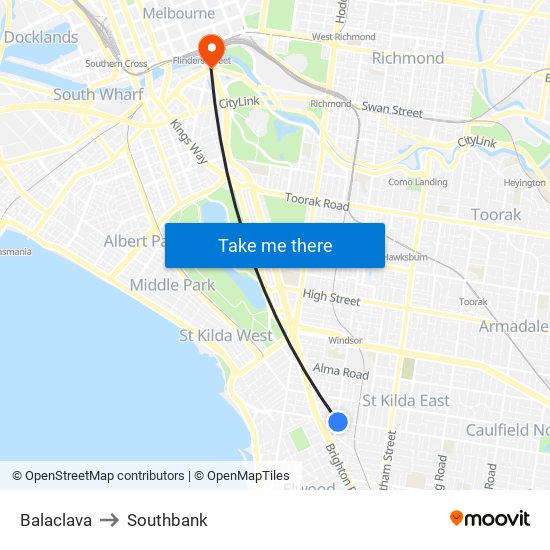 Balaclava to Southbank map