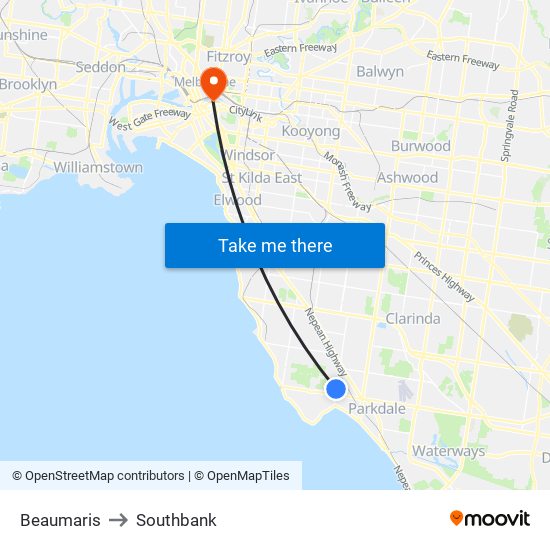 Beaumaris to Southbank map