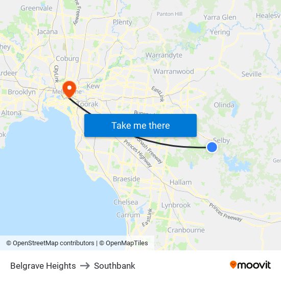 Belgrave Heights to Southbank map