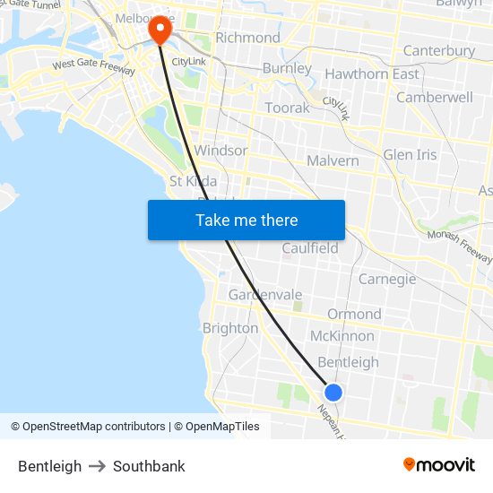 Bentleigh to Southbank map