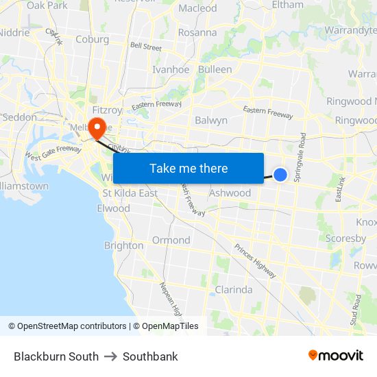 Blackburn South to Southbank map