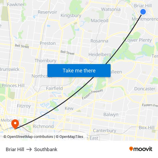 Briar Hill to Southbank map