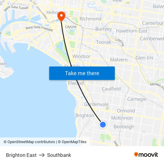 Brighton East to Southbank map