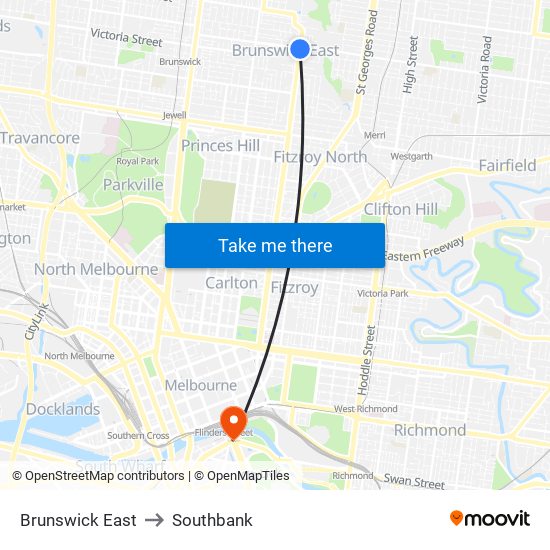 Brunswick East to Southbank map