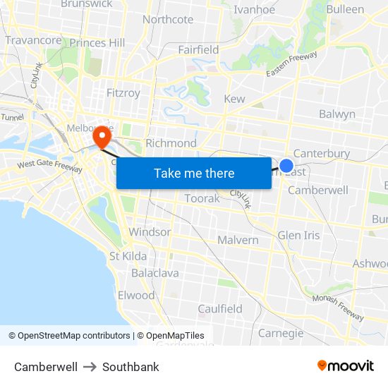 Camberwell to Southbank map