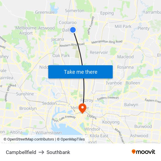 Campbellfield to Southbank map