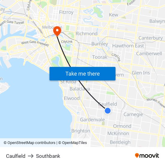 Caulfield to Southbank map