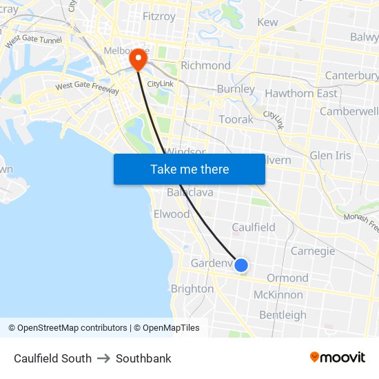 Caulfield South to Southbank map