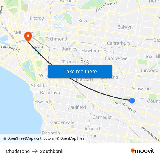 Chadstone to Southbank map