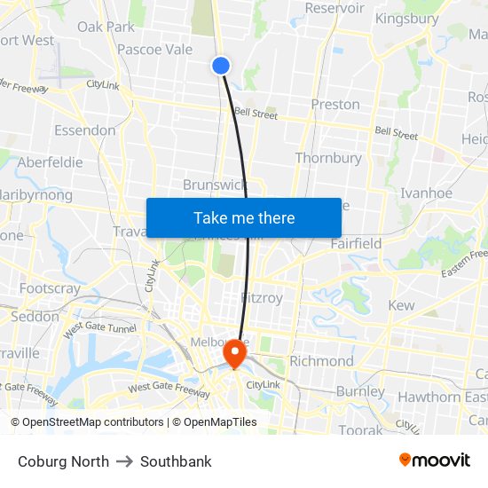 Coburg North to Southbank map