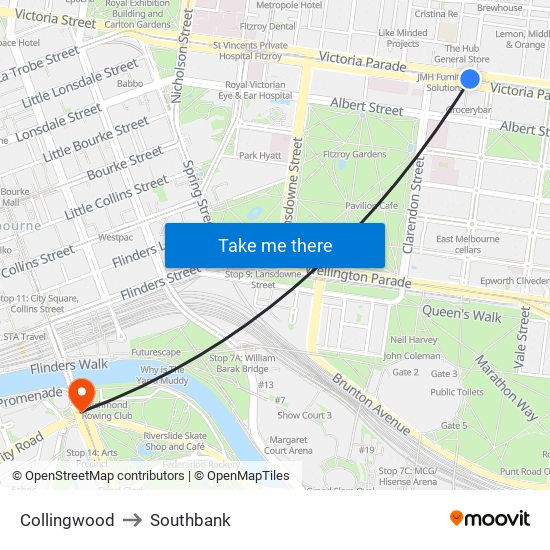 Collingwood to Southbank map