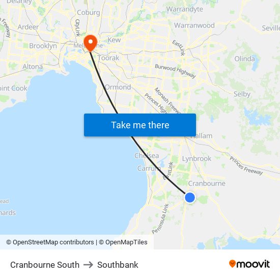 Cranbourne South to Southbank map