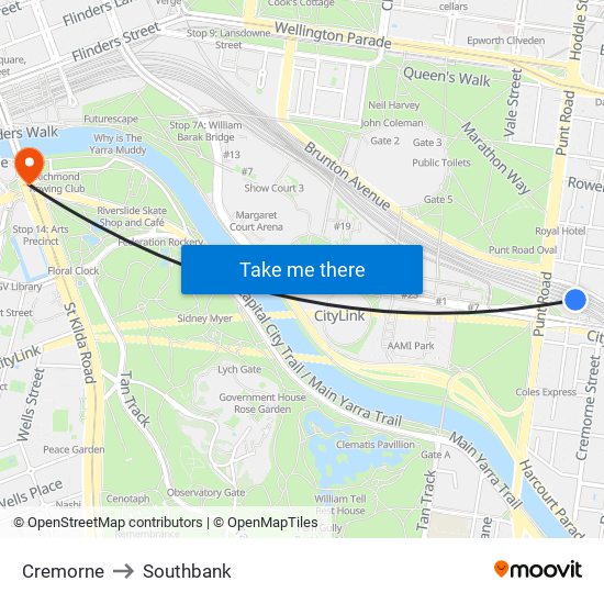 Cremorne to Southbank map