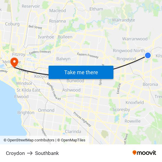 Croydon to Southbank map