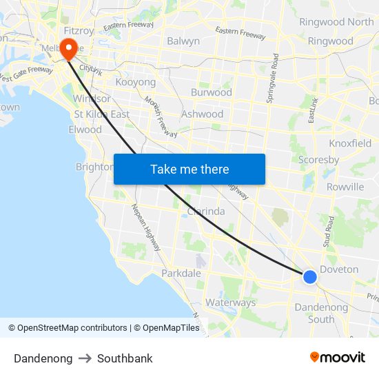 Dandenong to Southbank map