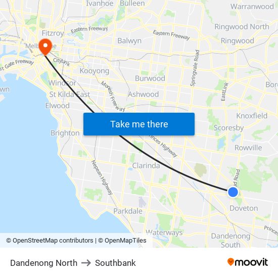 Dandenong North to Southbank map