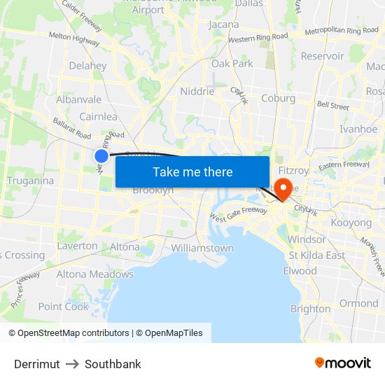 Derrimut to Southbank map