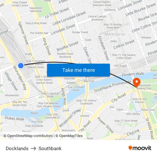 Docklands to Southbank map