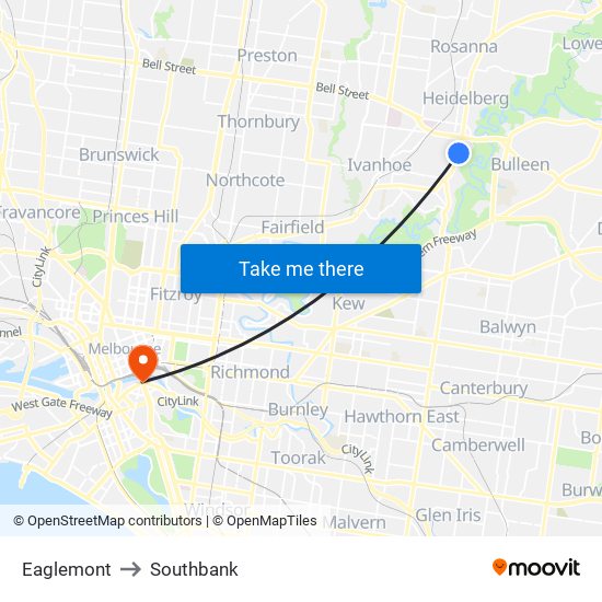 Eaglemont to Southbank map