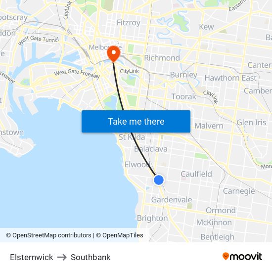 Elsternwick to Southbank map