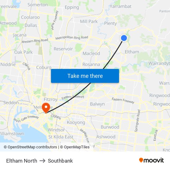 Eltham North to Southbank map