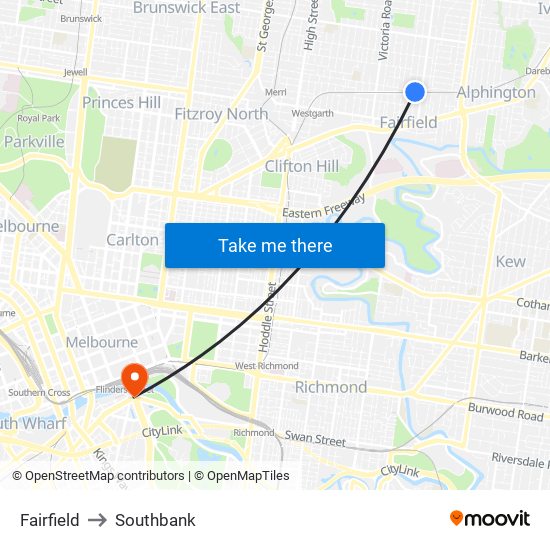 Fairfield to Southbank map