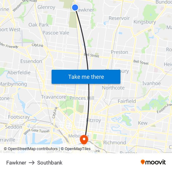 Fawkner to Southbank map